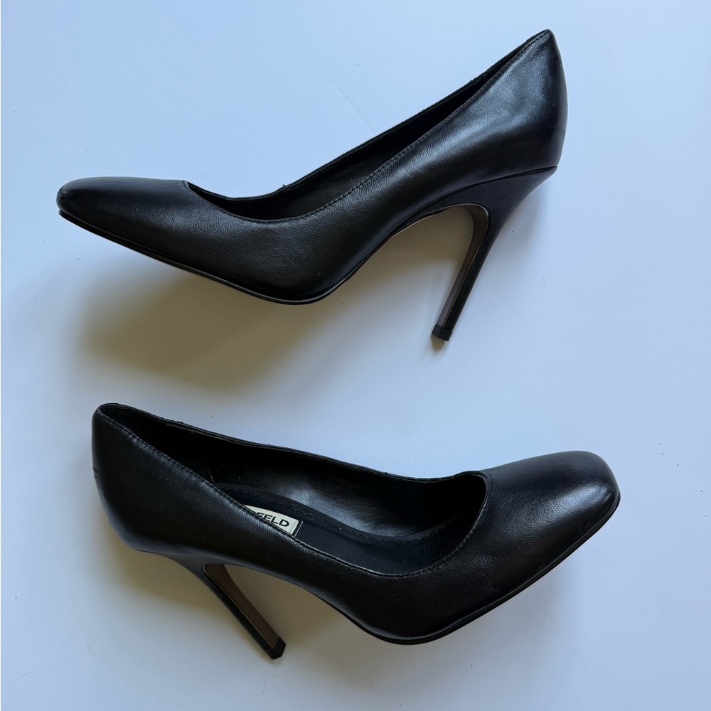 Karl Lagerfeld Paris MAKI Black Leather Pumps Gold Heels Size 8 - Picture 4 of 8